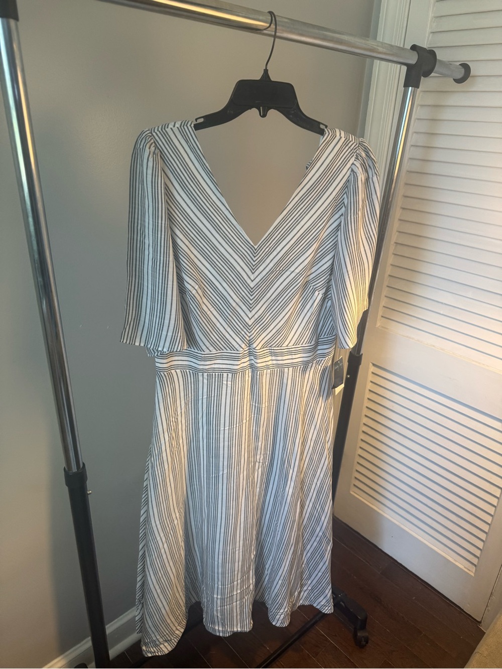 Gabby Skye Blue and White Striped V-Neck Midi Dress